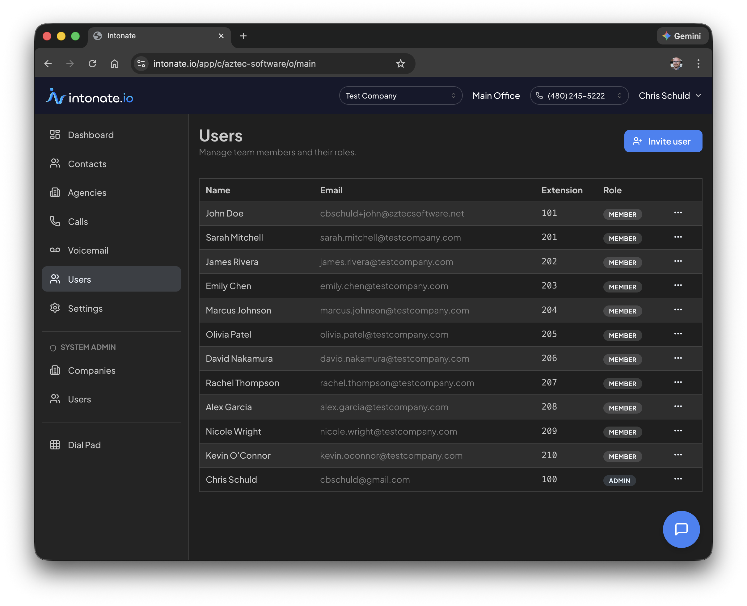 Intonate user management showing unlimited team members